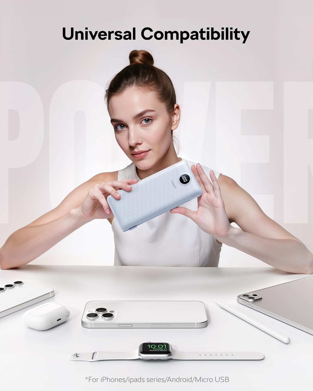 VEGER AC Wall Plug Portable Charger, 10000mah Slim Portable Charger Built in Cables, USB C Power Bank 15W Fast Charging, Travel Essential Battery Pack Compatible with iPhone, Android and More(White)