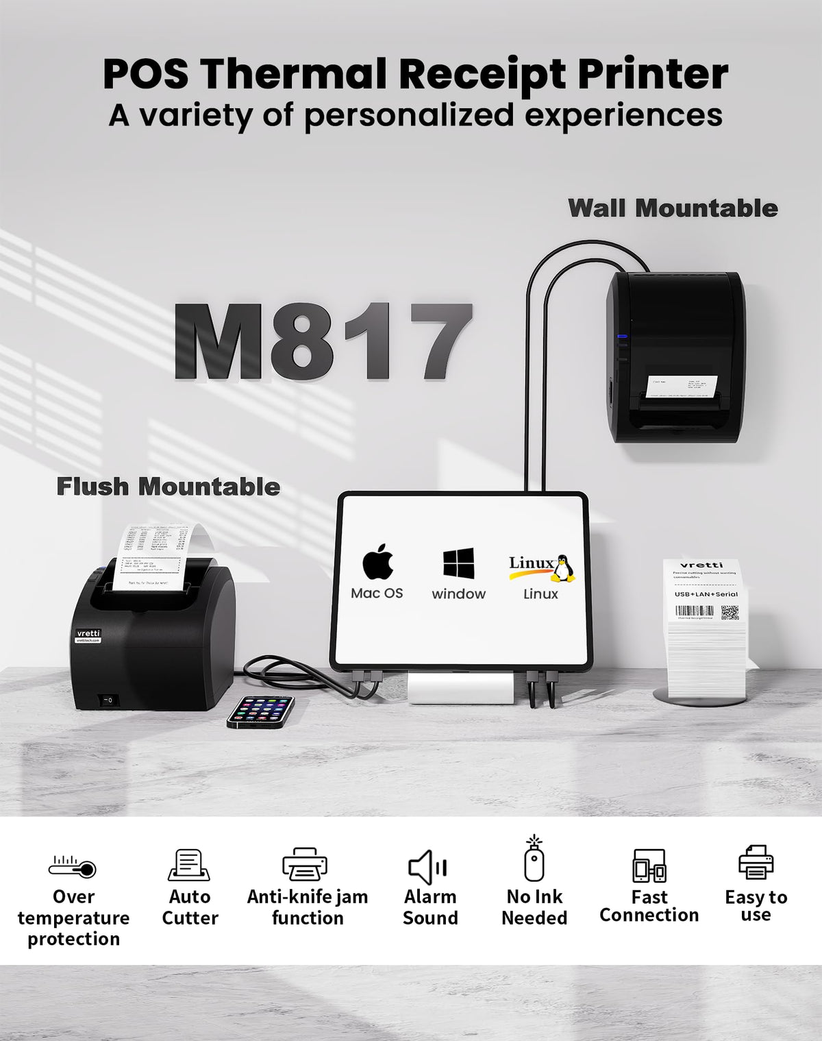 vretti Thermal Receipt Printer, 3'1/8 80mm USB POS Printer, Restaurant Kitchen Printer with Auto Cutter Support Cash Drawer,USB Serial Ethernet