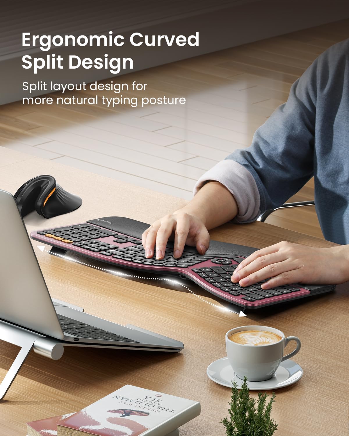 ProtoArc Backlit Bluetooth Ergonomic Keyboard, EK01 Plus Full Size Wireless Split Keyboard with Dual Bluetooth and USB, Cushioned Wrist Rest, Rechargeable, Compatible with Windows/Mac, Wine Red