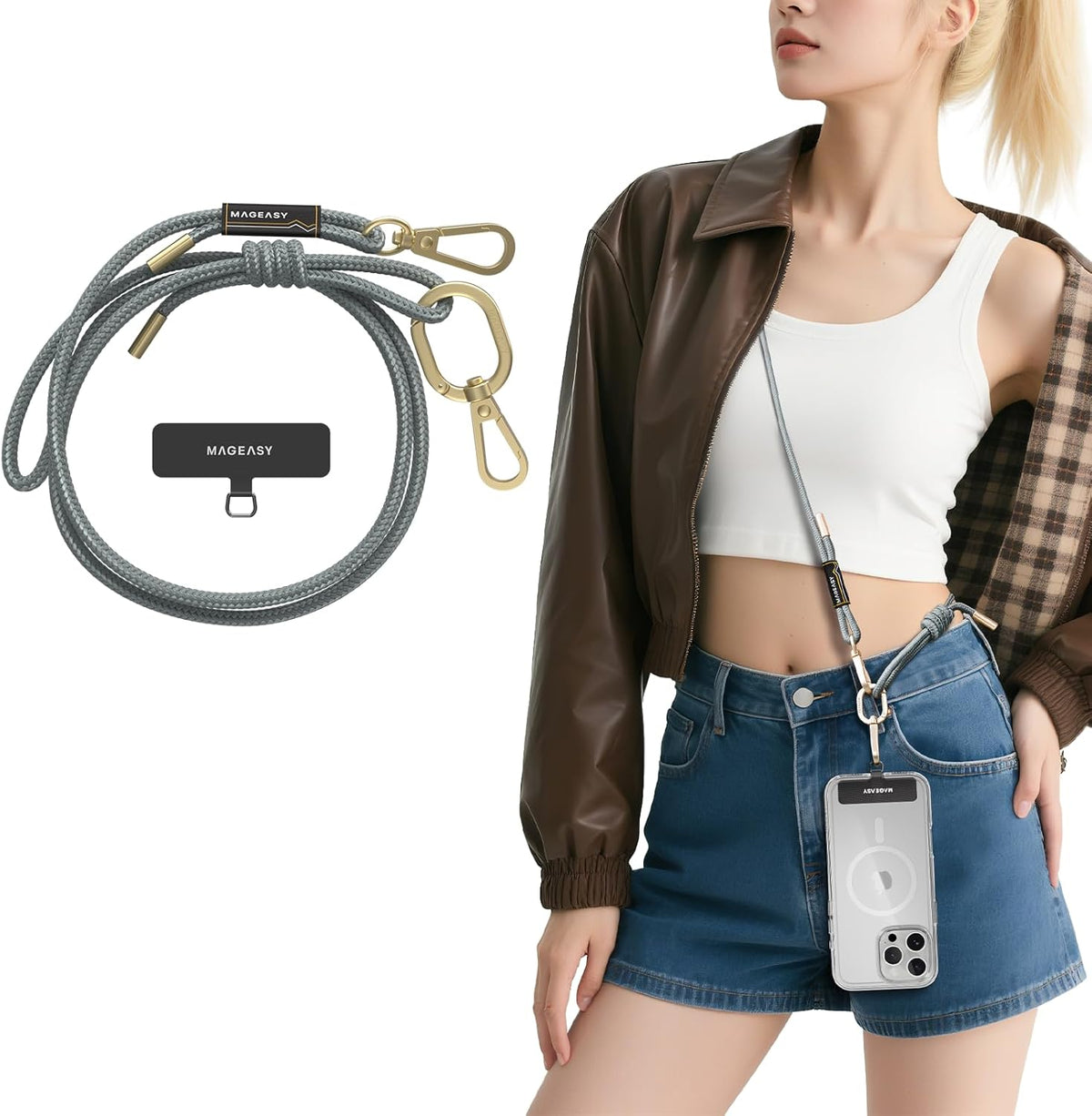 MAGEASY Universal Cell Phone Lanyard - Anti-Theft Rope Crossbody Phone Strap for iPhone 16 Pro Max & Most Smartphones, for Men & Women | 6mm Misty Blue