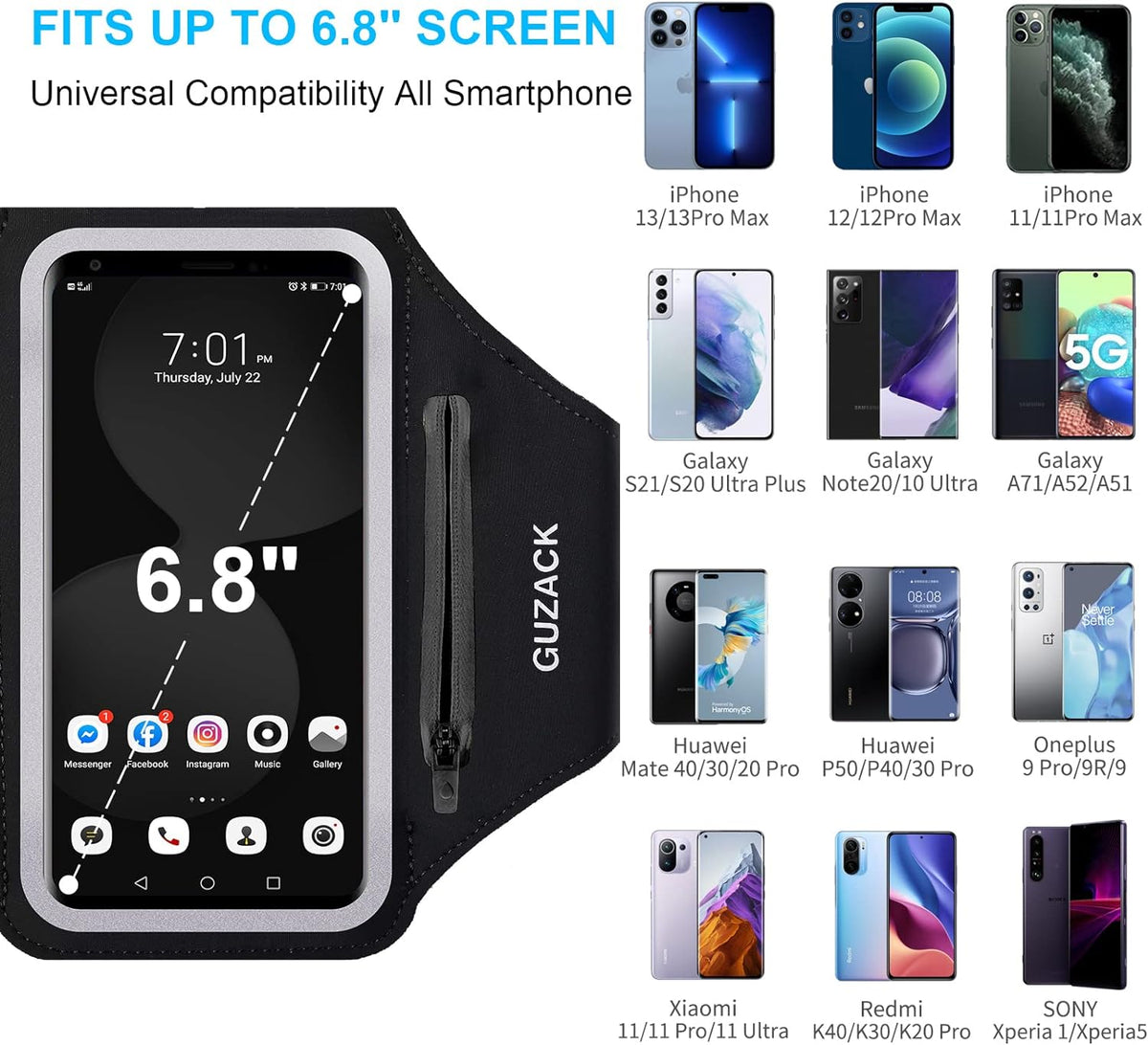 GUZACK Phone Holder for Running with Zipper Pouch, Running Armband for iPhone 16 Pro/15/14/13/12/11 Pro Max/Plus/XR/XS, Galaxy S25/S24/S23/S22, Cell Phone Arm Holder with Key Pocket & Card Slot