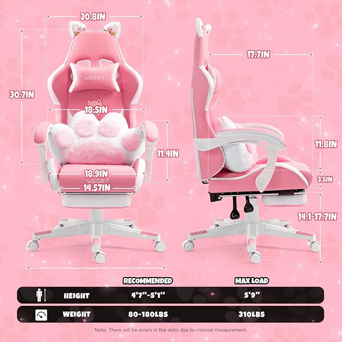 Pink Cute Cat Gaming Chair with Paw Lumbar Cushion Ergonomic High-Back Gamer Chair for Boys and Girls Adjustable PC Video Game Chair for Bedroom Study Home Office