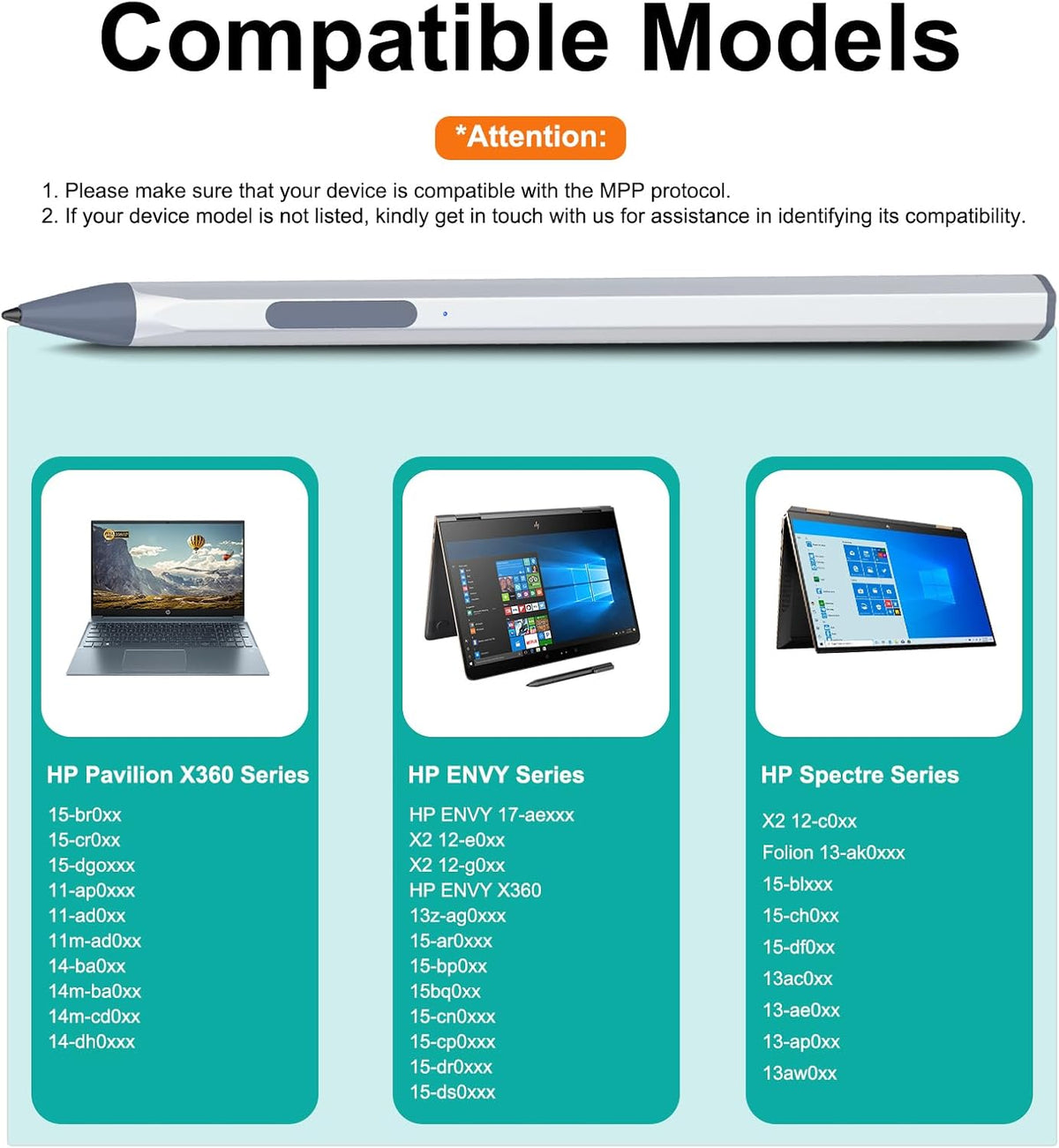 Stylus for HP Envy X360 Pavilion x360 Specter X360 Spectre x2 Envy x2 Touchscreen Laptop Rechargeable MPP 2.0 Tilt Pencil 4096 Pressure Sensitivity Using The Microsoft MPP Protocol, Silver