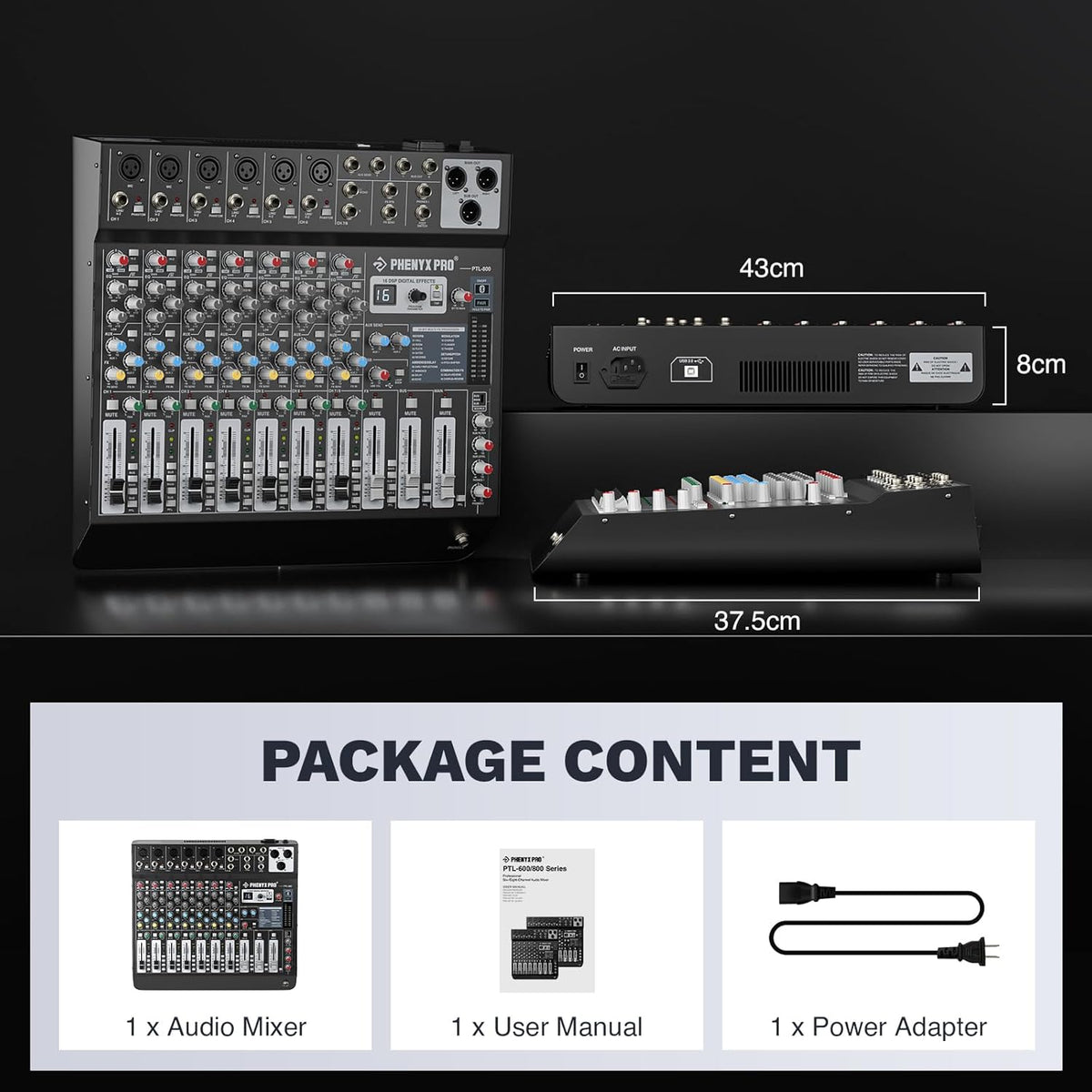 Professional 8-Channel Audio Mixer, Phenyx Pro DJ Sound Mixer Board w/Flexible AUX, BUS, SUB Routing, 16 DSP, BT Streaming & USB-B PC Recording, Mixing Console for Stage, Home Studio (PTL-800)
