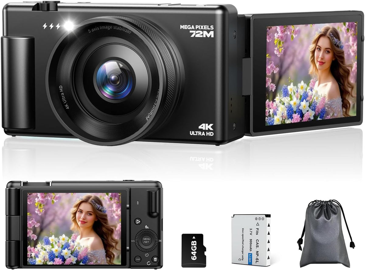 FIREFOTO 4K 18X Digital Cameras for Photography, Compact Vlogging Camera with Flip Screen, Digital Zoom YouTube Camera