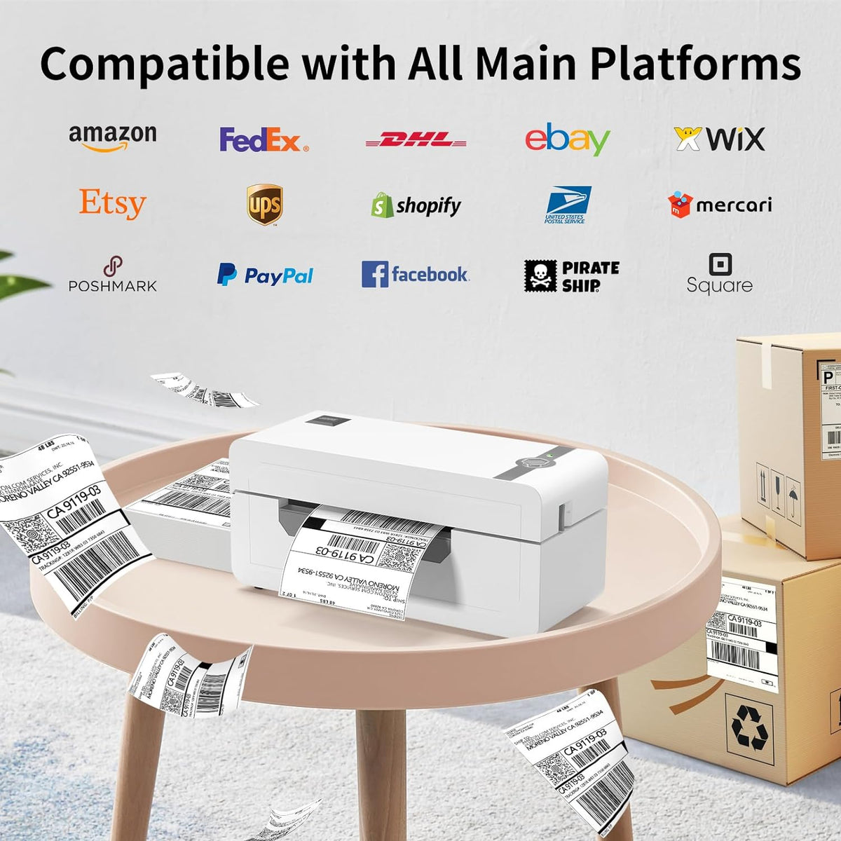 JADENS Bluetooth Thermal Label Printer, 4x6 Wireless Label Printer for Shipping Packages, Support Android, iOS, Mac OS, and Windows, Widely Used for Amazon, Ebay, Shopify, Etsy, USPS
