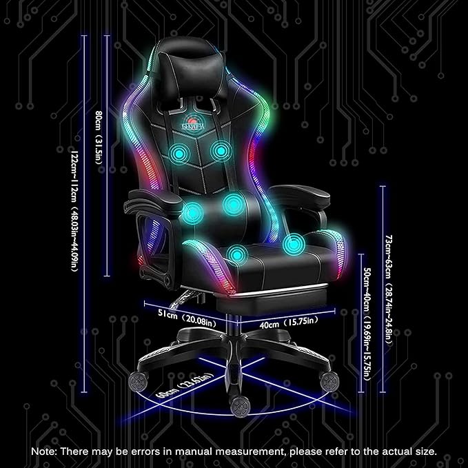 RGB Gaming Chair with Massage and Footrest Ergonomic Big and Tall Office Chair Computer Chair Video Game Chair with Speakers High Back Recliner Swivel Chair with Lumbar PillowWhite
