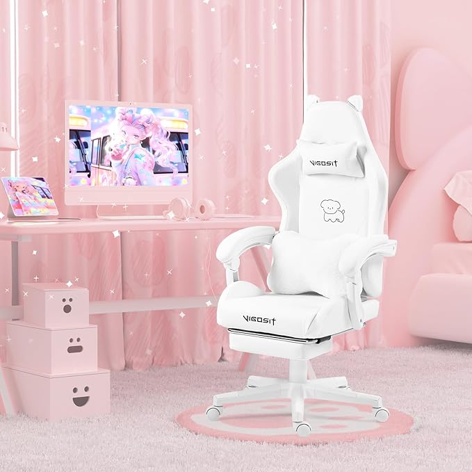 Gaming Chair Cute with Cat Ears Paw Lumbar and CushionErgonomic Computer Chair with FootrestReclining PC Game Chair for Girl Computer Chair 300lbs for Adult (White)