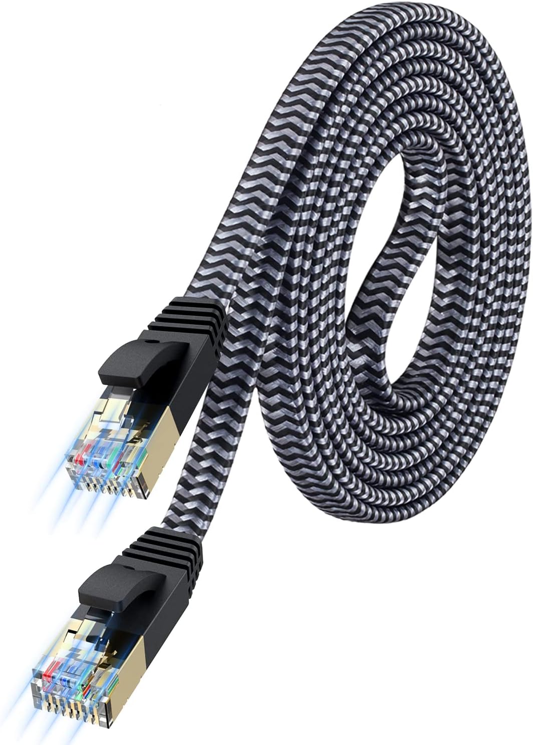 7 3ft 10Gbps Cat Ethernet Cable High-Speed, Premium Braided Flat Design for Gaming, Streaming, Home and Office