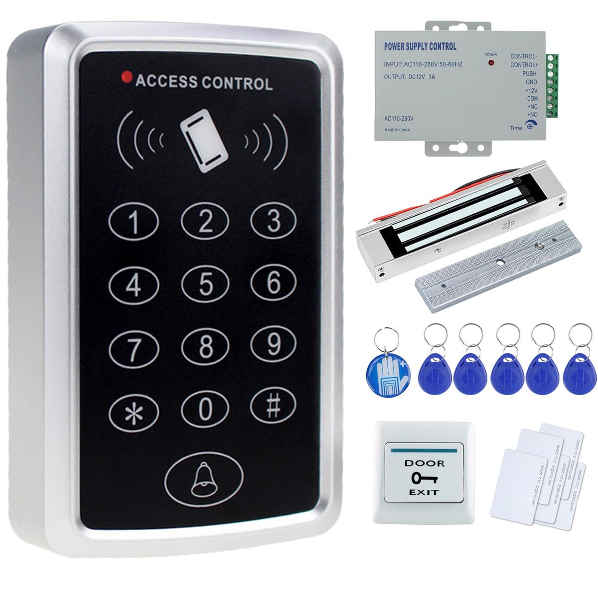 OBO HANDS Stand-Alone Door Access Control System Kit with 180kg/350lbs Electric Magnetic Lock, DC12V/3A Power Supply, Door Exit Button, 10pcs RFID EM