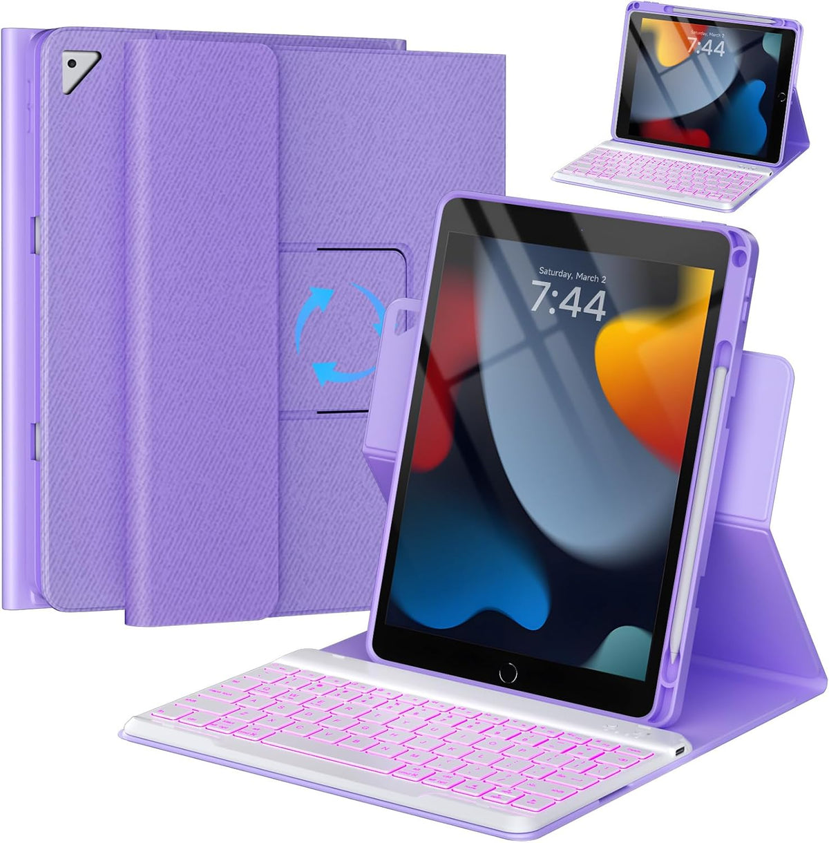 OYEEICE for iPad 9th Generation Case with Keyboard 10.2 Inch - Detachable Backlit Keyboard 360 Rotatable Cover with Pencil Holder for iPad 9th/8th/7th Gen 10.2 Inch, Air 3rd Gen & Pro 10.5" - Purple