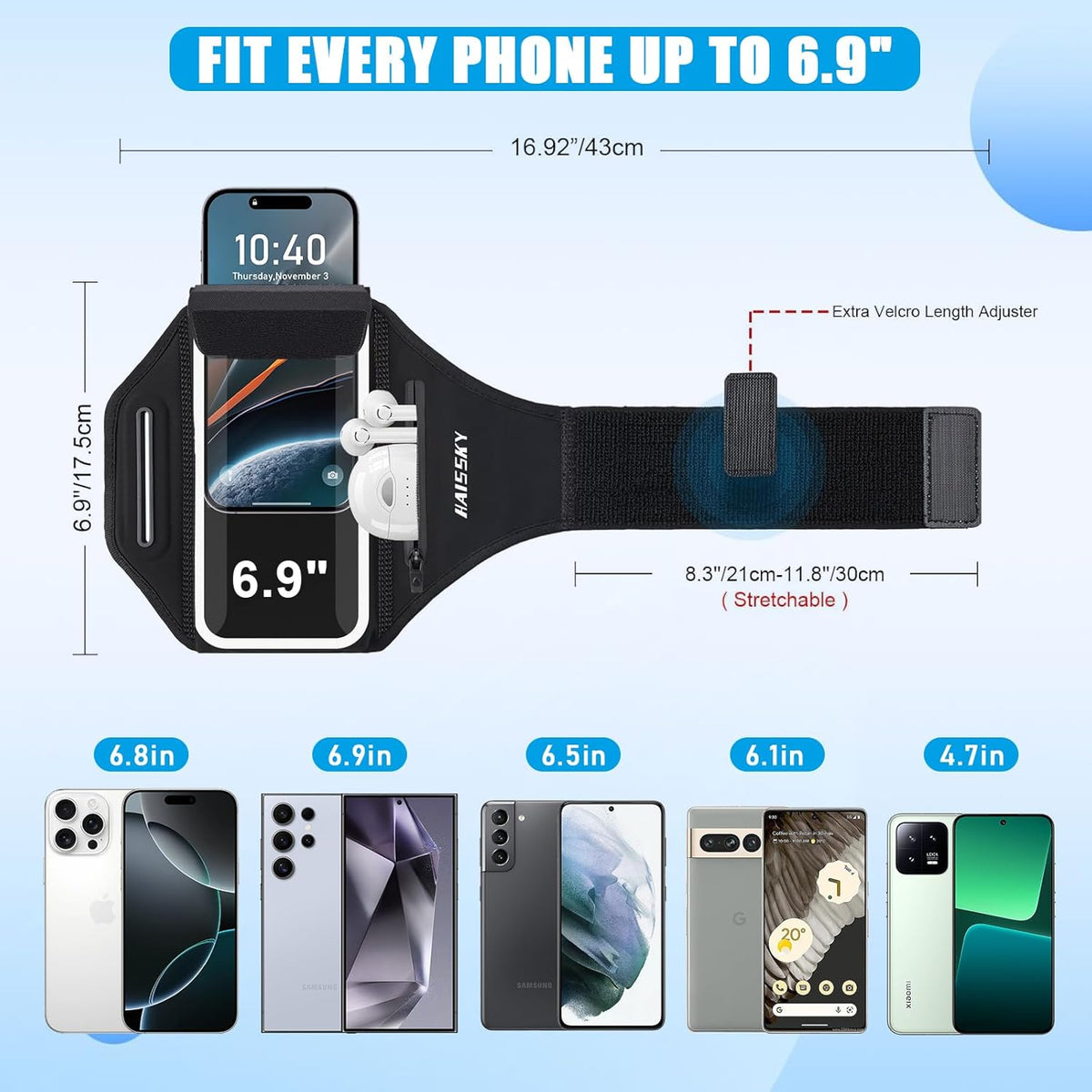 Running Phone Armband with Earphone Holder - 3D Design Cell Phone Armband for iPhone 15/14/13 Pro/Plus & Galaxy S20/S10, Water Resistant Sports Phone Holder with Key Slot for 6.9" Device