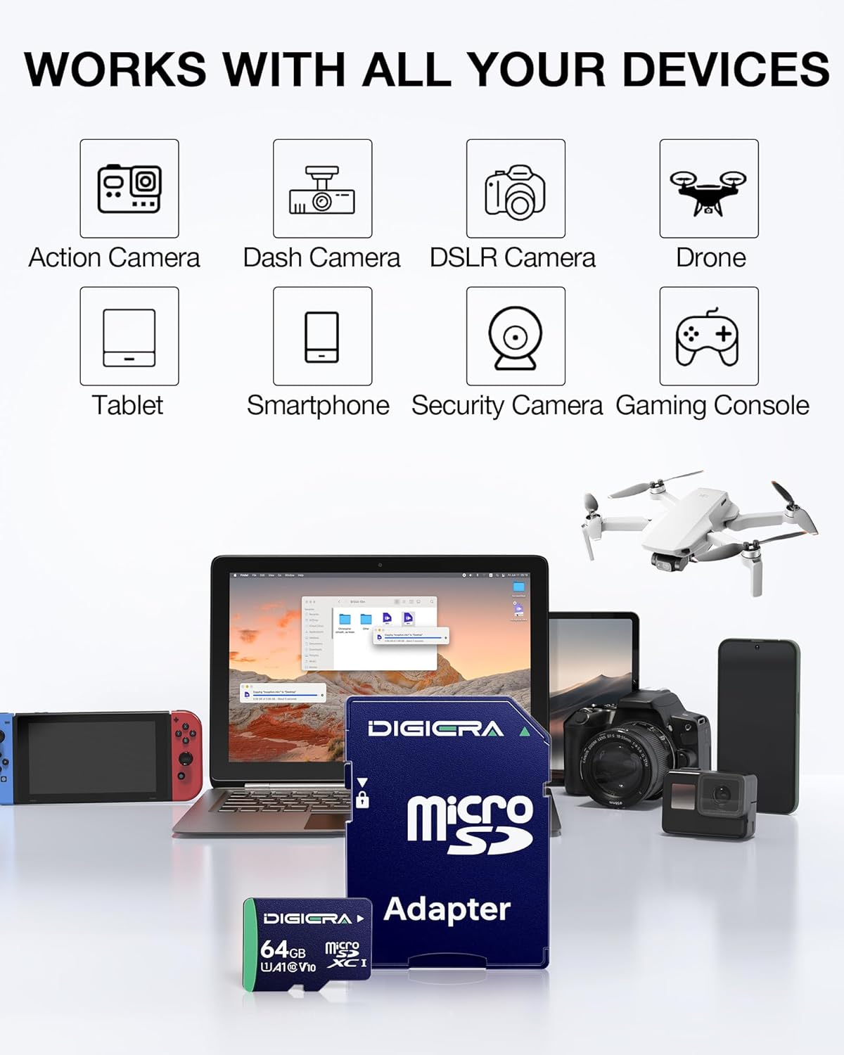64GB CT100 microSDXC UHS-I Memory Card with Adapter - up to 100MB/s, C10, U1, V10, Full HD, A1, Micro SD Card for Smartphones, Tablets, Cameras, Gaming Consoles, and Drones (1 Pack)