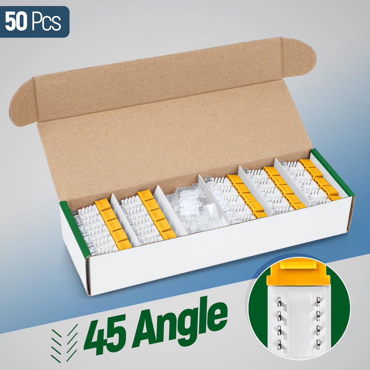 Everest 45° Angled RJ45 Cat6A Keystone Jacks 50-Pack in Yellow - Slim Profile Female RJ45 Connectors - Cat 6A Keystone Jack - Compatible with 45° Angled Speed Termination Tool - 45Term (B0BL3GS7ZY)
