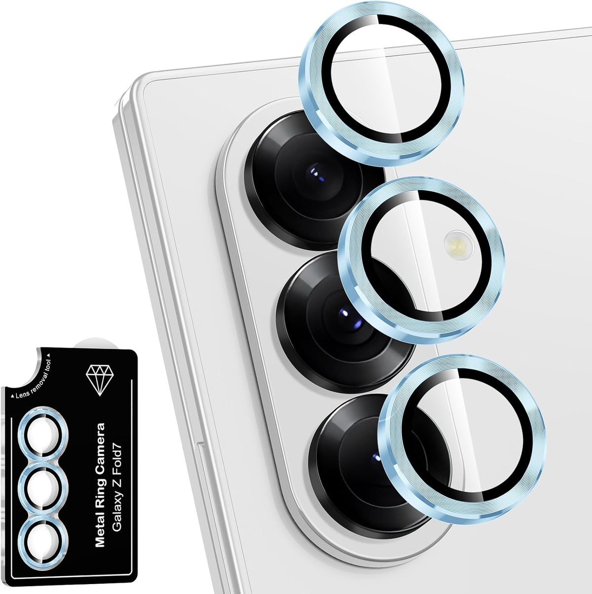 for Samsung Galaxy Z Fold 7 Camera Lens Protector, Individual Metal Ring Tempered Glass Lens Cover, [Strong Adsorption] Scratch Resistant Ultra-Thin HD Clear Lens Cover, 1 Set-Blue