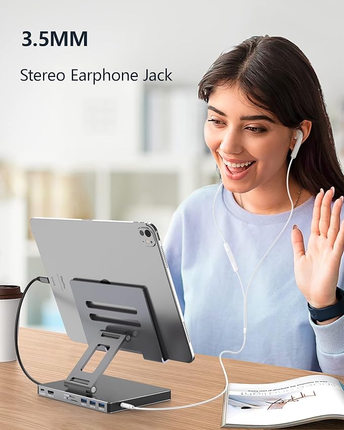iPad Pro USB C Hub Stand Multiport Adapter for iPad Pro M4 M3 M2 M1 13 12.9 11 Inch iPad Air Docking Station Foldable 4K 60Hz HDMI PD Charging SD/TF Card Reader 3 USB 3.0 3.5mm Audio