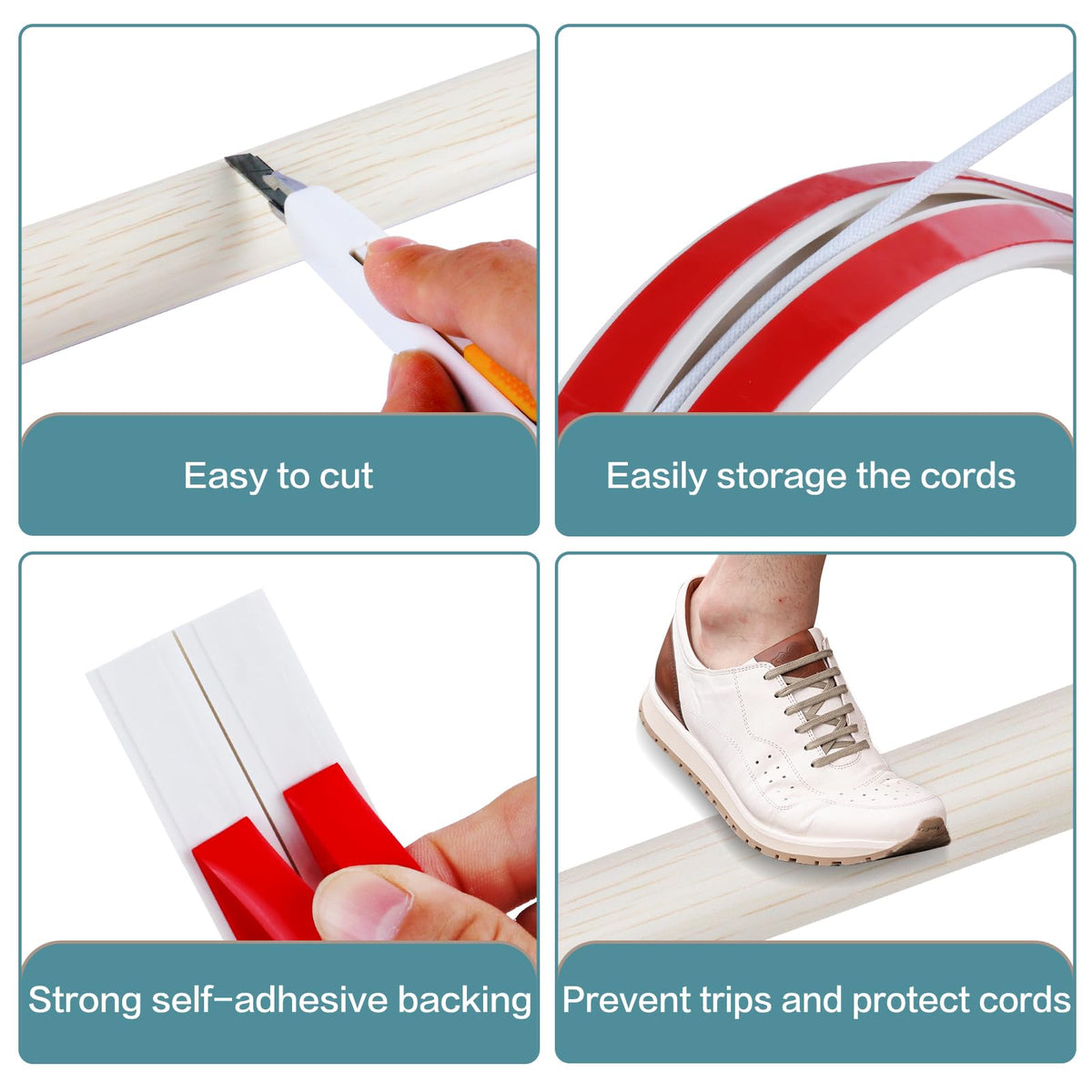 Floor Cord Cover Self Adhesive Cord Hider Floor Extension Cord Covers for Floor Power Cord Protector Cable Management Prevent Cable Trips Cable Cavity 0.32" W x 0.32" H (Beige Wood, 20Ft)