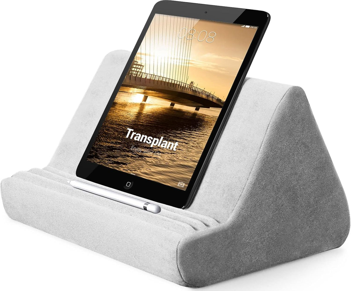 Soft Tablet Stand Pillow with Pocket,Tablet Cushion Stand,Adjustable 3 Viewing Angle,Lazy Holder Stand for Bed Sofa,Compatible with iPads Tablets eReaders Smartphones Books Magazines (Light Grey)…