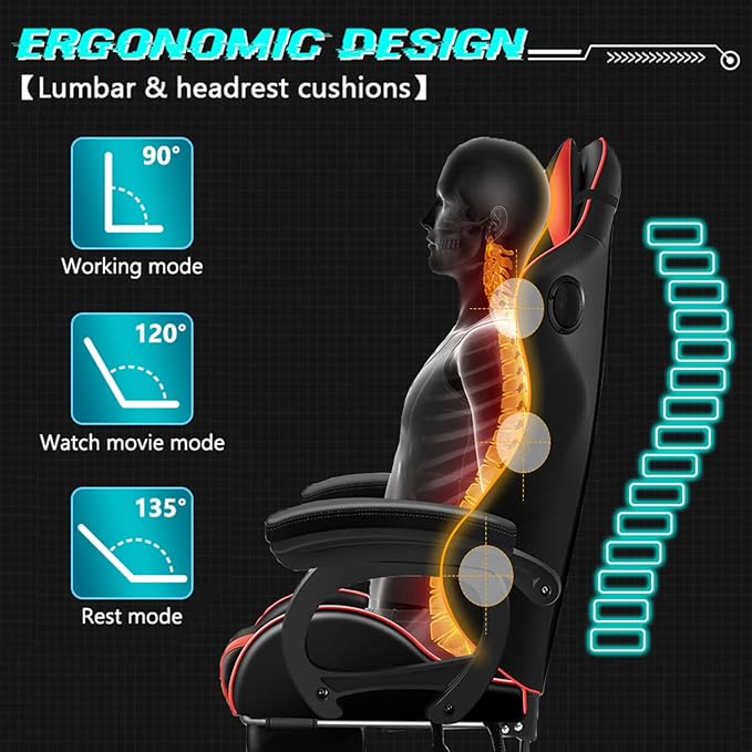 XOOFMASS Gaming Chair Massage with Footrest Gamer Chair with LED Lights and Spakers Ergonomic Gaming Chair for Adults Video Game Chair with Headrest and Lumbar SupportWhite