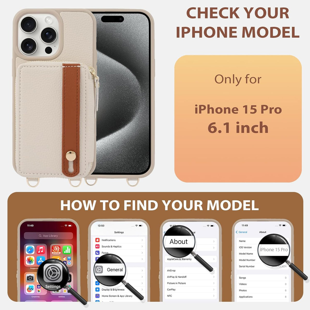 LAMEEKU for iPhone 15 Pro Wallet Case with Credit Card Holder, Zipper Leather Crossbody Case with Phone Grip Holder Stand Wrist Strap Lanyard for Women for Apple iPhone 15 Pro 6.1 inch Beige