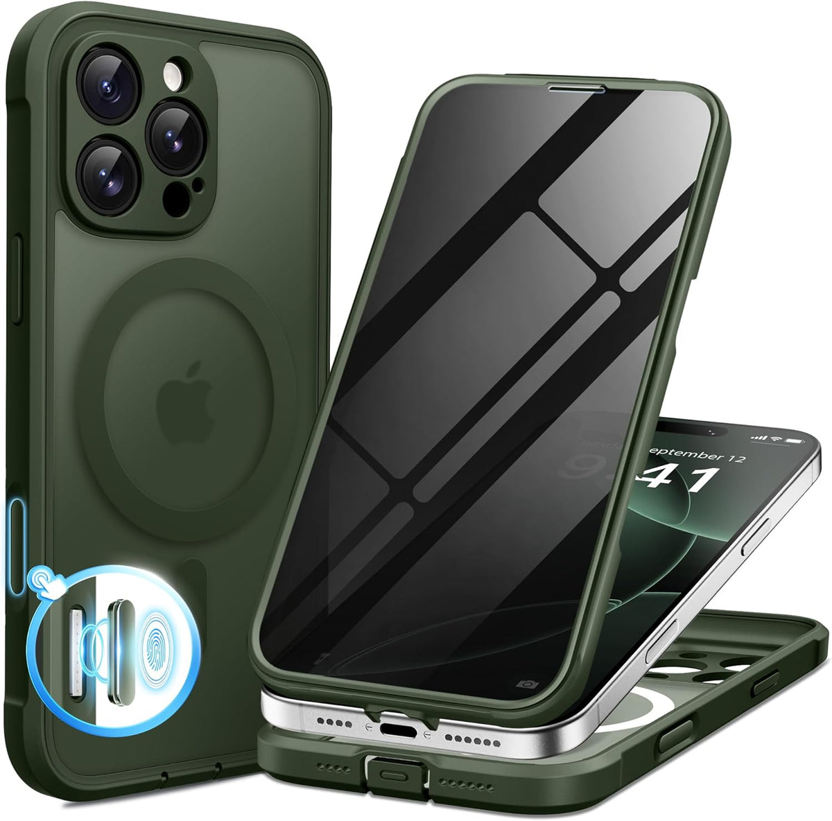 BERFY Magnetic for iPhone 16 Pro Case, Compatible with MagSafe, Built-in Privacy Screen Protector and Upgraded Camera Protection, Anti-Spy Full Body Shockproof Phone Case for 16 Pro 6.3", Green