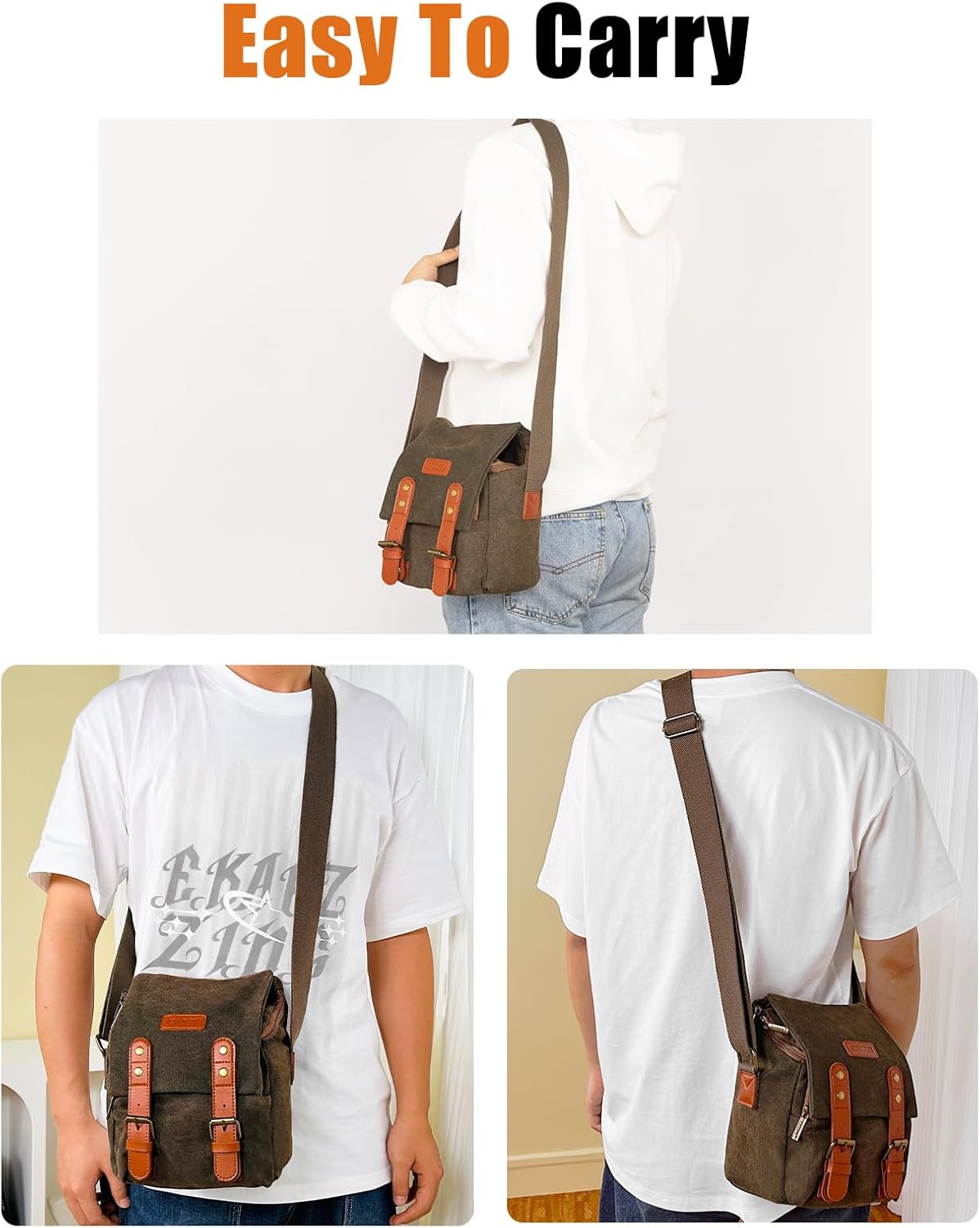 CADeN Compact Camera Bag Case Canvas Leather Trim Compatible for Nikon, Canon, Sony Mirrorless Camera and Lenses Waterproof, Camera Shoulder Messenger Bag (Small 1.0 Brown)