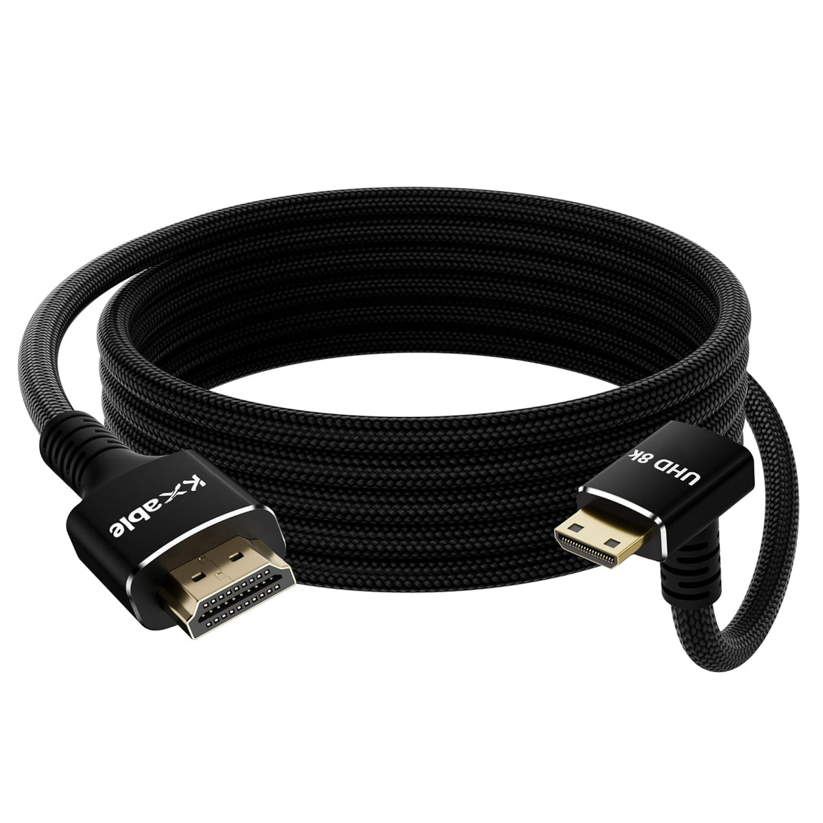 8K 4FT, 8K@60Hz, 4K@120Hz, Right Angle Mini HDMI to HDMI Cable Bidirectional, Braided, Compatible with Camera