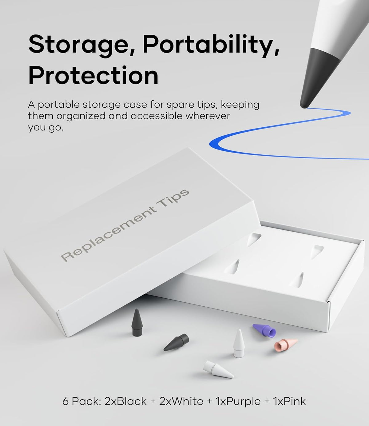 Replacement Pencil Tips for Apple Pencil Pro, Pen Tips for Apple Pencil 2nd Gen/1st Gen/USB-C, Wear-Resisting Pencil Nibs with Storage Box, Pen Nibs Set (6 Pack, Black/White/Purple/Pink)