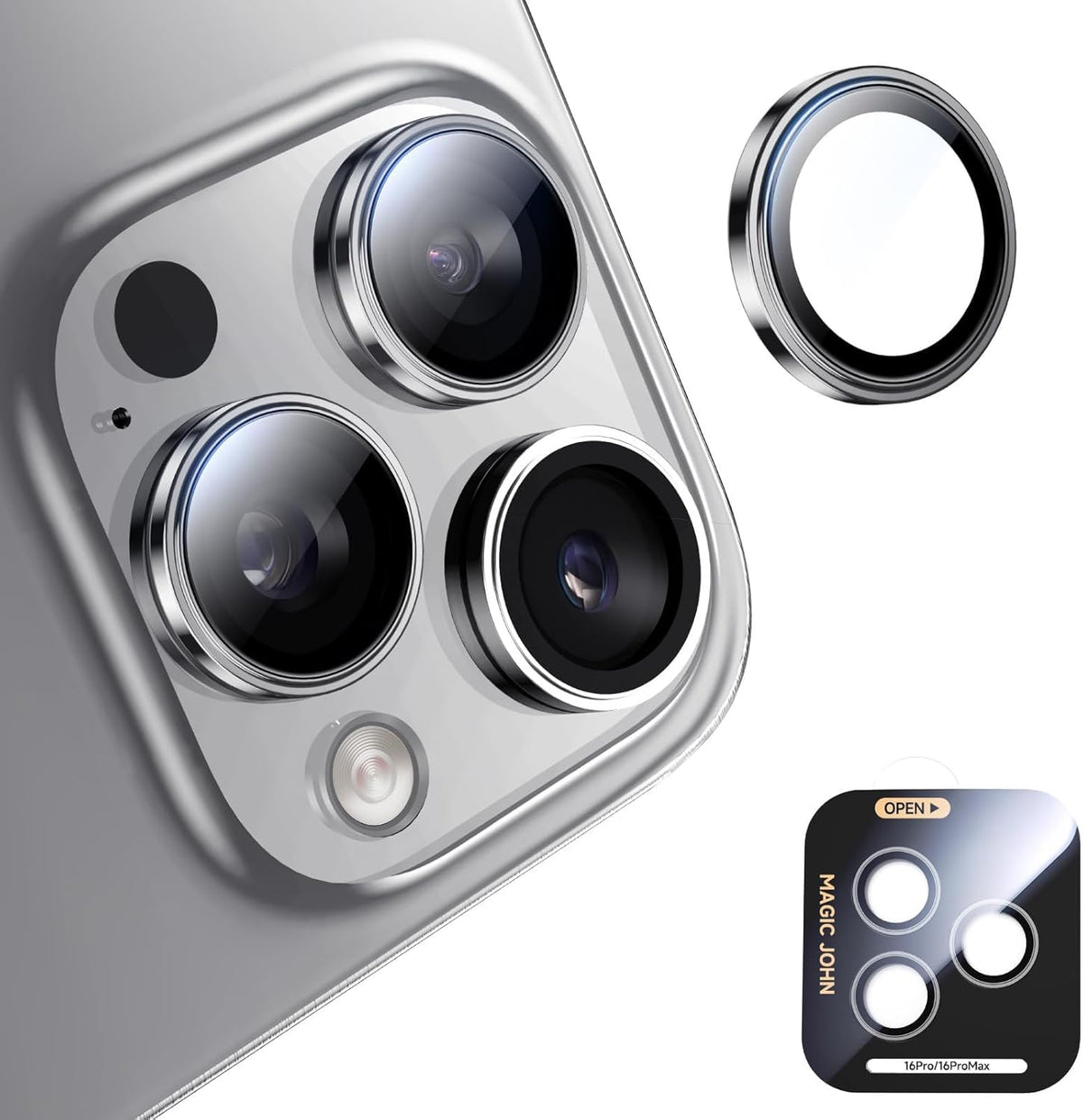 MAGIC JOHN for iPhone 16 Pro Max/16 Pro Camera Lens Protector [Alignment Kit&1:1 Invisible Perfect Fit] 9H Aerospace Tempered Glass Anti-Scratch Durable, Individual Cover Ring, Case Friendly, Set of 2, Silver