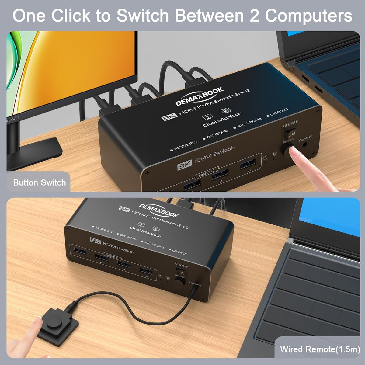 DEMEXBOOK HDMI KVM Switch 2 Monitors 2 Computers 8K@60Hz 4K@120Hz, with 4 USB 3.0 Ports for 2 Computers Sharing 2 Monitors, Extended/Copy Mode, with Power Adapter,Includes Remote & 2 USB Cables