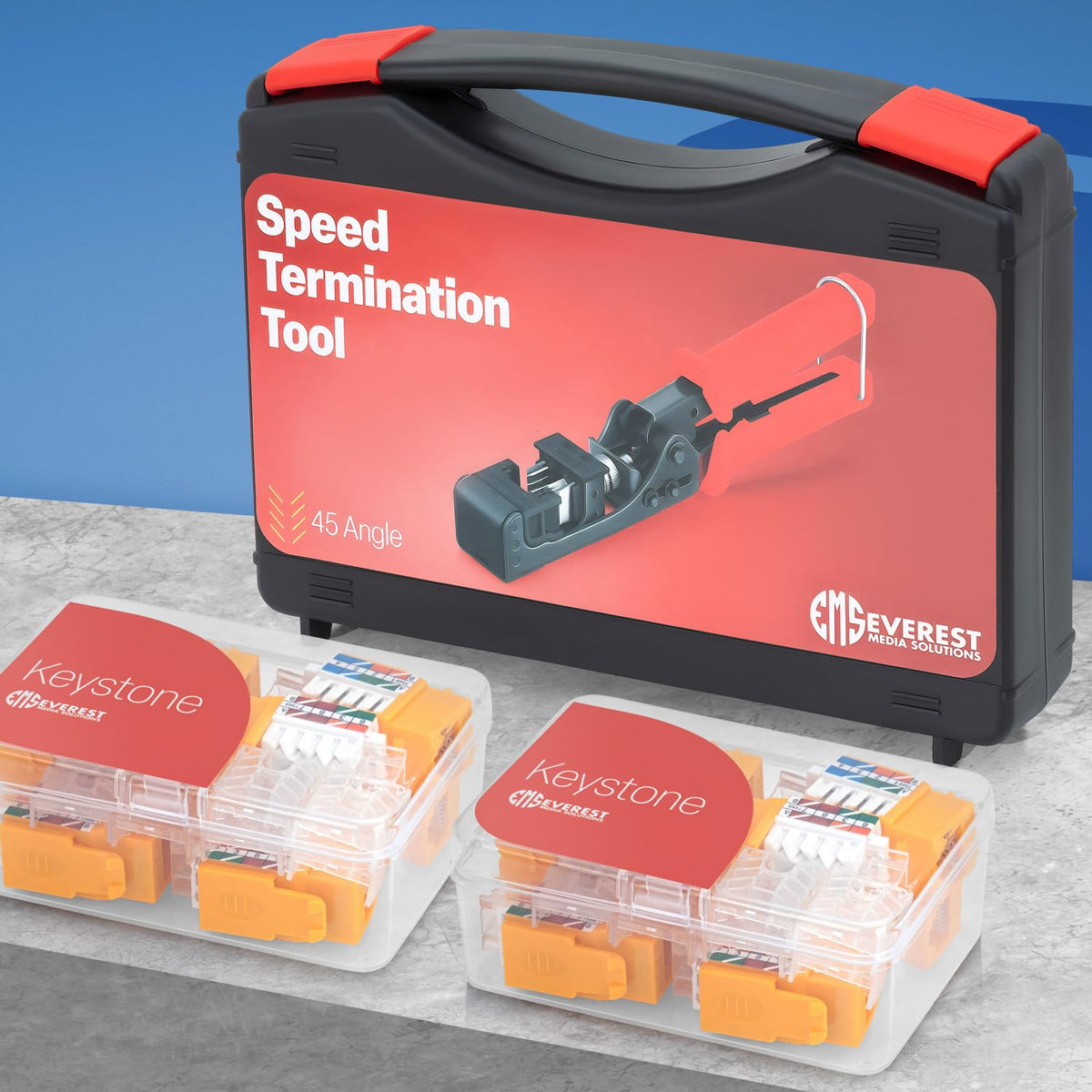 Everest easyJACK - 45° Angled Speed Termination Keystone Tool Set - with 20-Pack of RJ45 Cat6 Keystone Jacks in Yellow (Slim Profile Design) - Time Saver Network Punch Down Tool Cat6