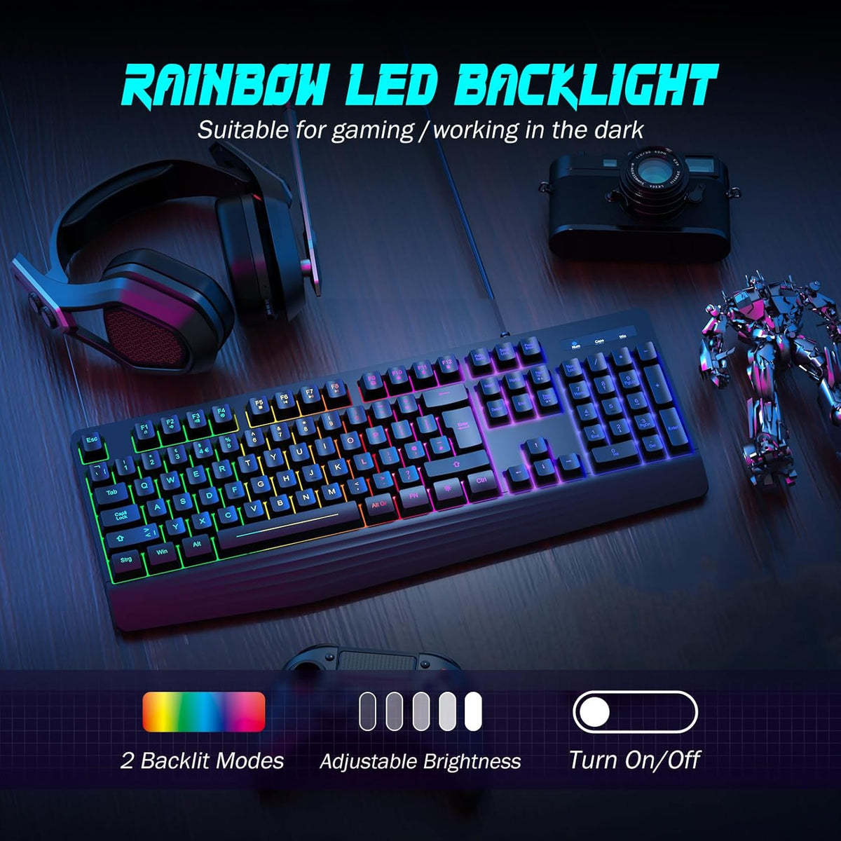 Gaming Keyboard, 7-Color Rainbow LED Backlit, 104 Keys Quiet Light Up Keyboard, Wrist Rest, Whisper Silent, Anti-ghosting Multimedia Keys, Waterproof USB Wired Keyboard for PC Mac Xbox