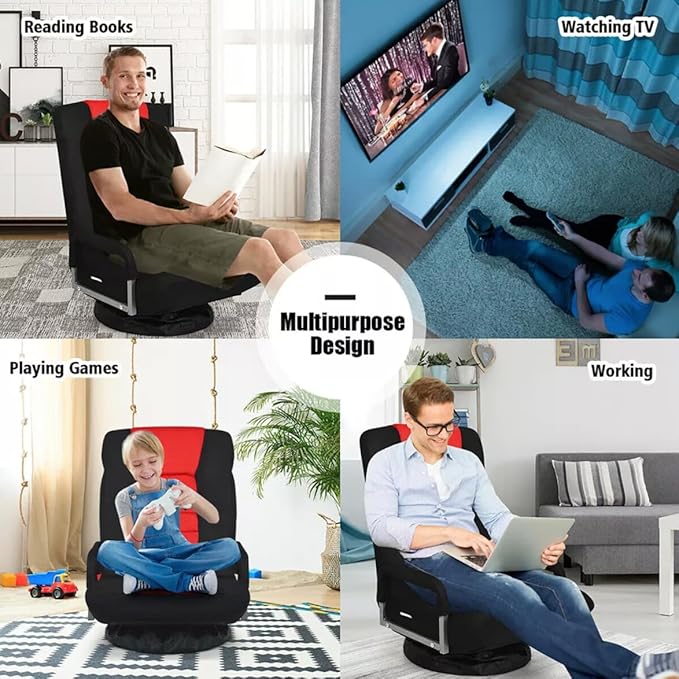 Foldable Floor Gaming Chair Video Gaming Rocker Chair for Adults 360° Swivel Comfort Armrest 7-Position Adjustable Back for TV Reading 330 lbs Support Steel Frame Comfortable Fabrics (Red)