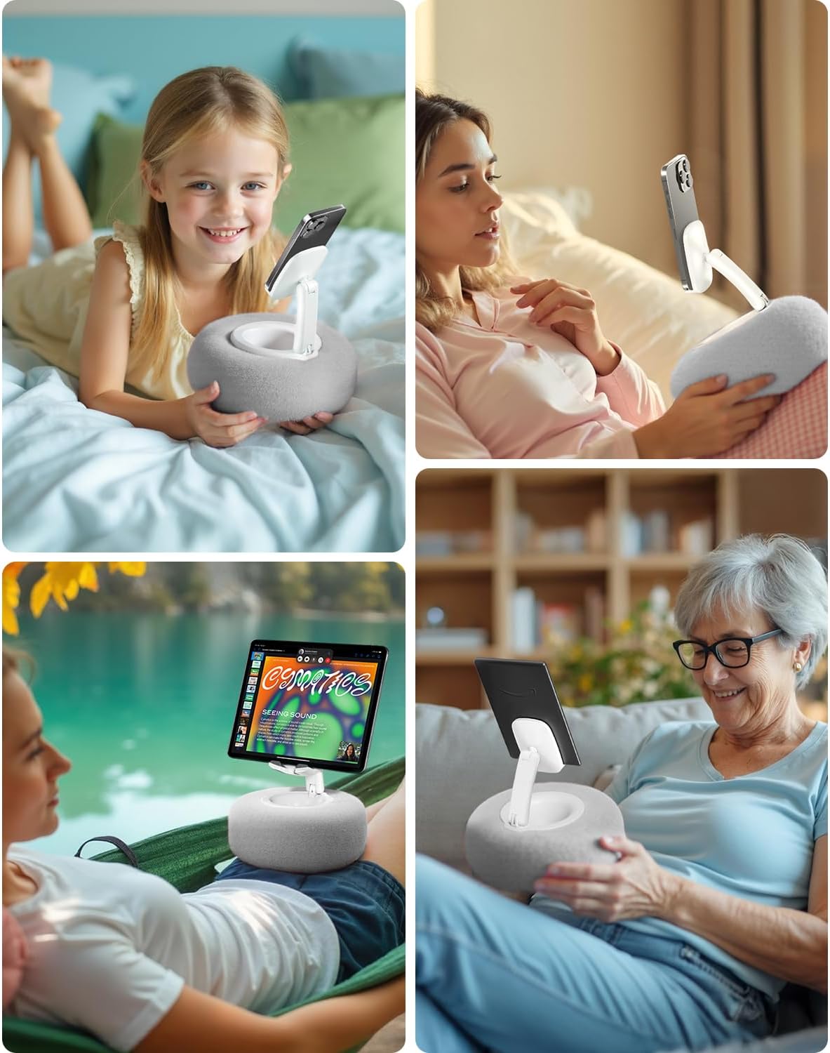 Phone Stand with Pillow, Adjustable iPhone Stand with Anti-Slip Strips, High-Viscosity Pads – Compatible with 4"-7" Devices, Including iPhone, iPad, Kindle, and Android (Grey)