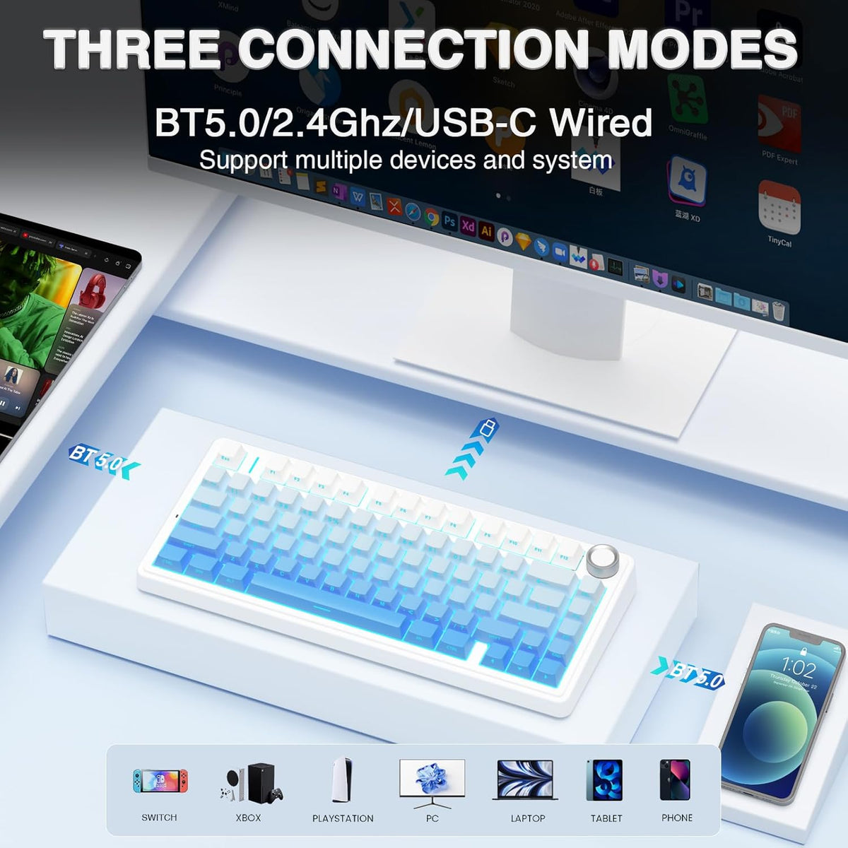 AULA F75 Pro Wireless Mechanical Keyboard,75% Hot Swappable Custom Keyboard,RGB Backlit,Pre-lubed Linear Switches,Side Printed PBT Keycaps Mechanical Gaming Keyboards,Gradient Blue