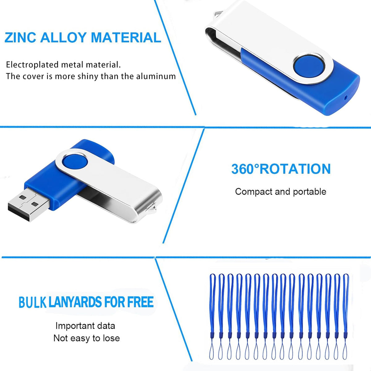 EASTBULL 200 Packs of 4GB Bulk Flash Drives, Flash Drives Pack 4GB USB Drives Bulk Swivel USB2.0 Thumb Drives Bulk with Strings (200Packs, Blue)