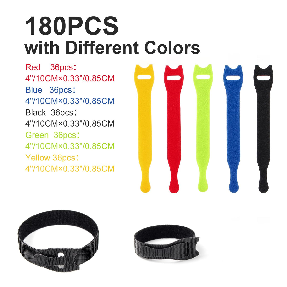 OneLeaf 180PCS Valuable Wire Organizer 4Inch Reusable Cable Ties with Hook and Loop, Colorful Fastening Cord Ties Wire Management for Home, Office, Data Centers, and Electronics, 5 colors