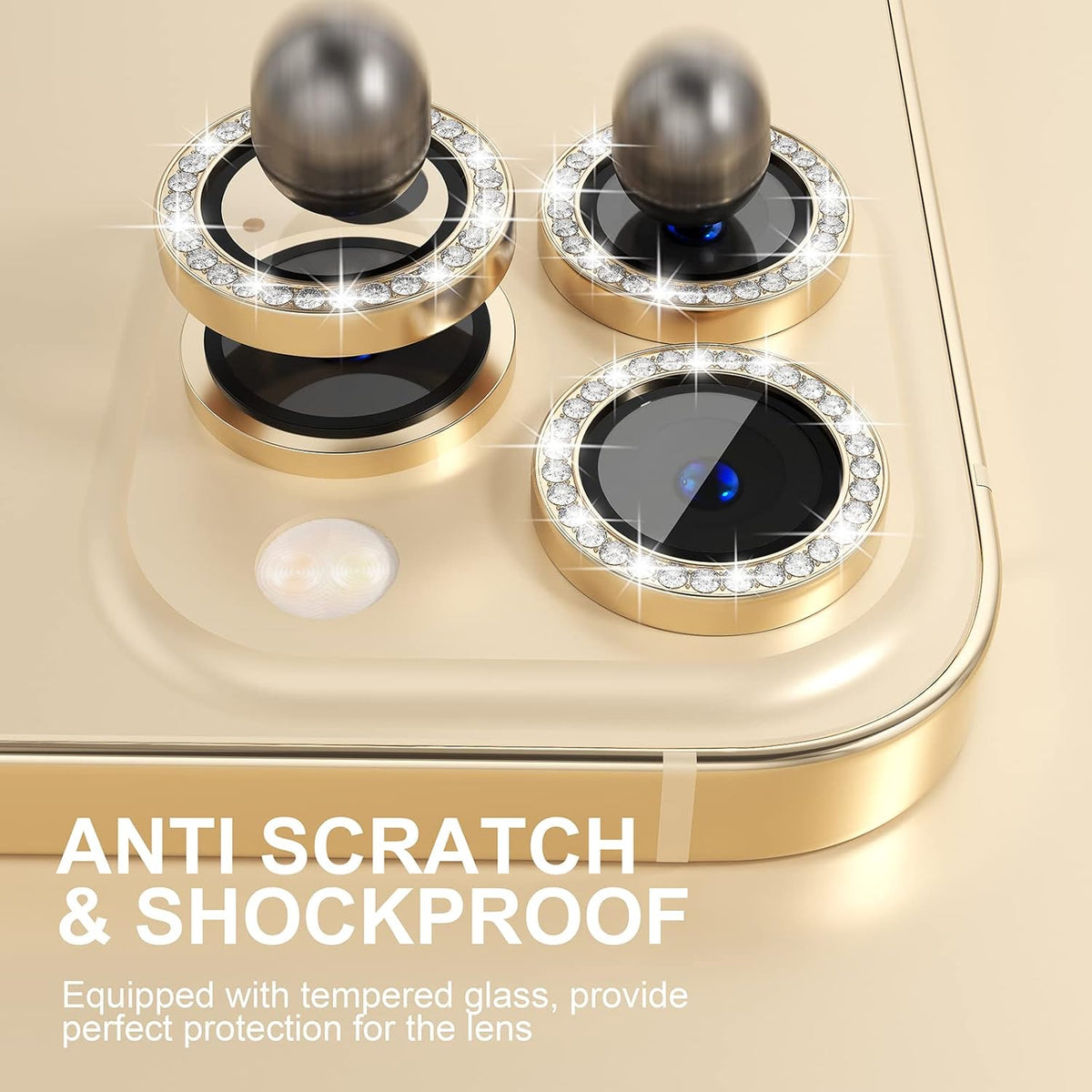 Choiche [3+1 for iPhone 13 Pro/iPhone 13 Pro Max Camera Lens Protector Bling, 9H Tempered Glass Camera Cover Screen Protector Metal Ring Decoration Accessories (Diamond-Gold)