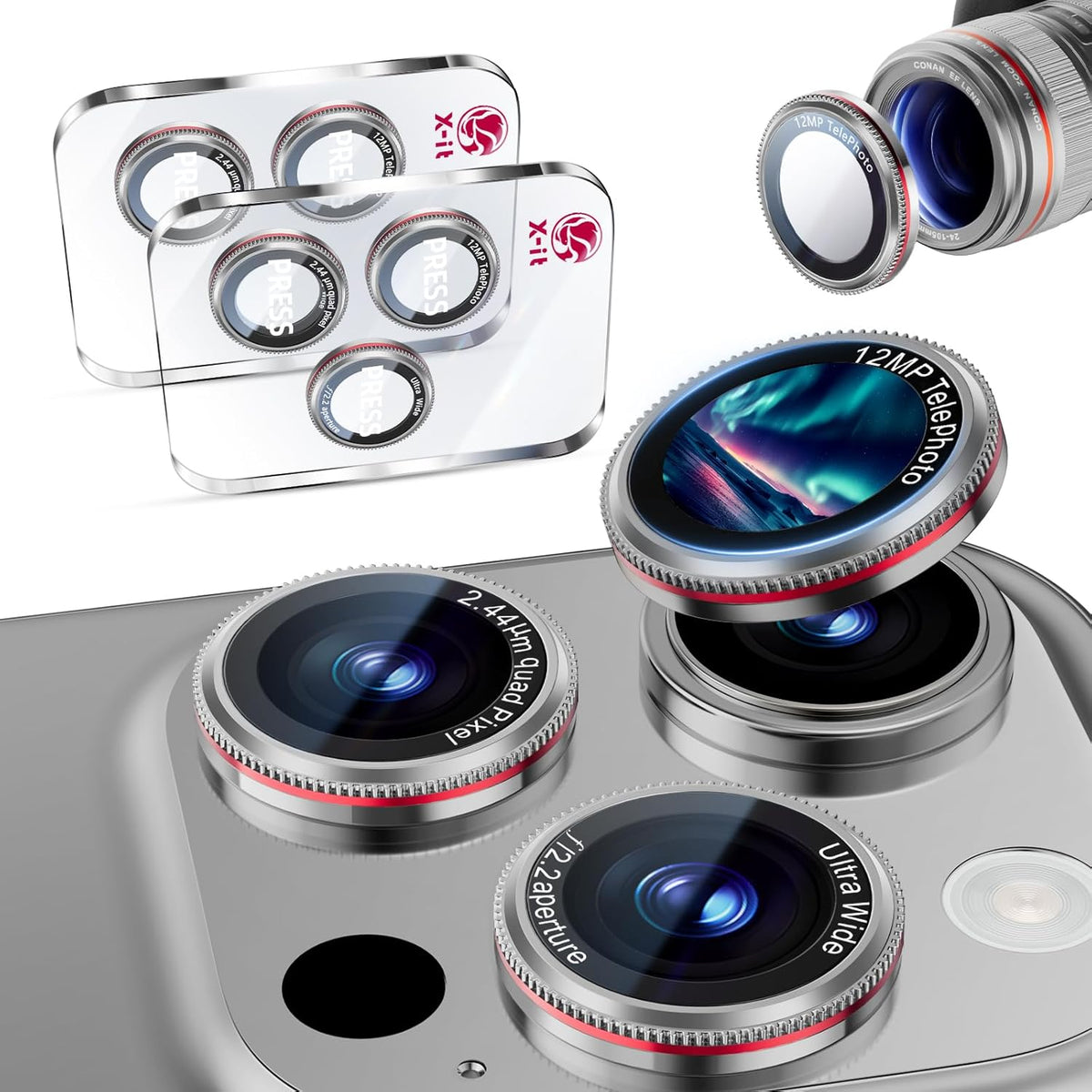 X-it 2 Pack Camera Lens Protector, Shatterproof Protection Anti-Scratch Ultra HD Camera Protector, Anti-Glare 9H Tempered Glass Lens Protector for iPhone 16 Pro Max/16 Pro, Case Friendly, Silver Red