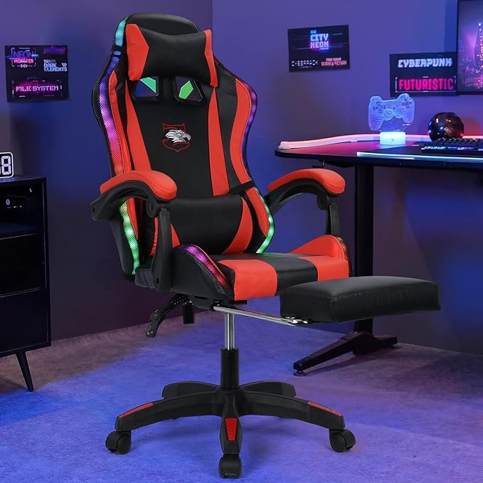 Gaming ChairComputer Chair with Footrest and Lumbar SupportHeight Adjustable Game Chair with 360° Swivel Seat and Headrest for Office&ampGamingOffice Chair with Bluetooth Speakers&ampLED Lights (