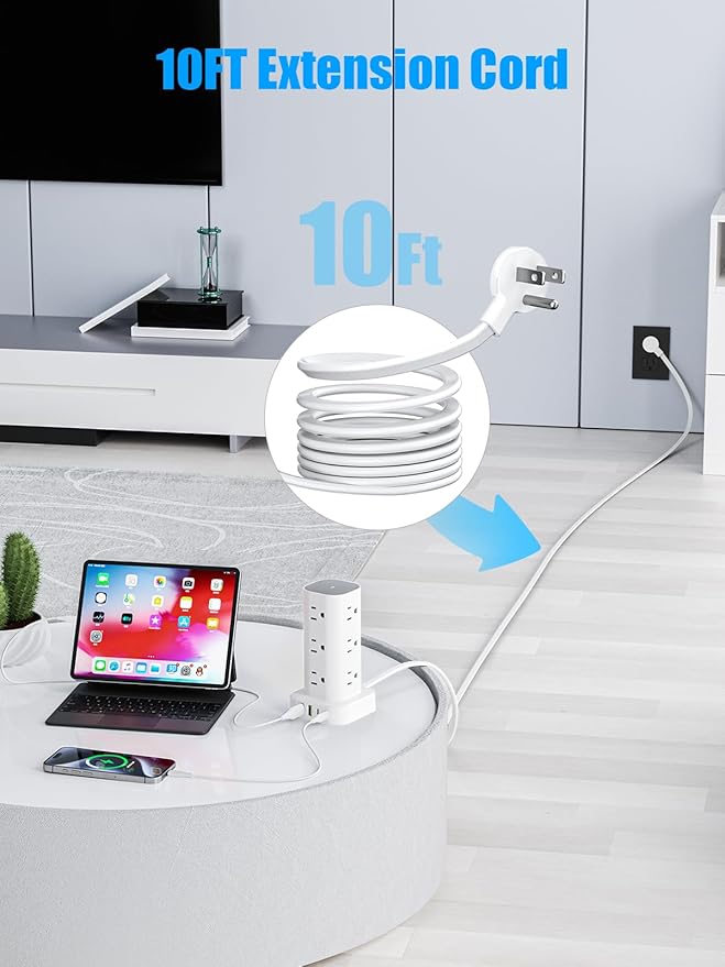Flat Plug Power Strip Tower Surge Protector, 10FT Flat Extension Cord with Multiple Outlets, 12 AC Outlets, 4 USB Ports (2 USB C) Charging Station for Office Home Dorm Room Travel (White)