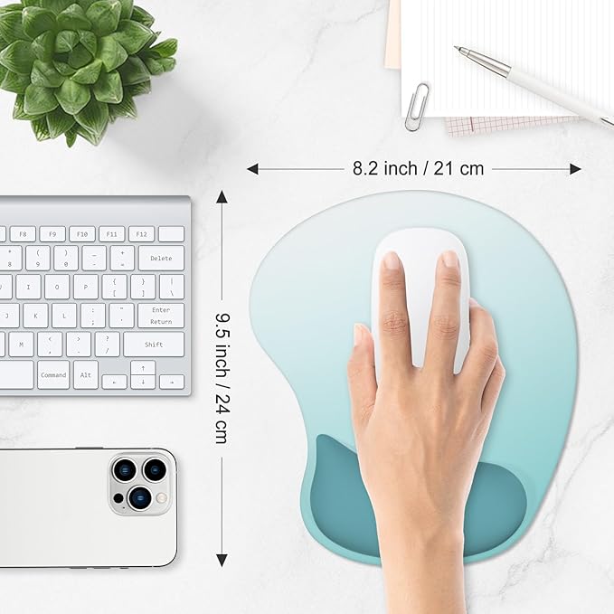 ITNRSIIET Ergonomic Mouse Pad, Cushioned Gel Wrist Rest, Non-Slip Base, Smooth Surface, Compatible with All Mice for Office & Gaming, Desk Accessory, 9.5 x 8.2 inch, Light Green Gradient