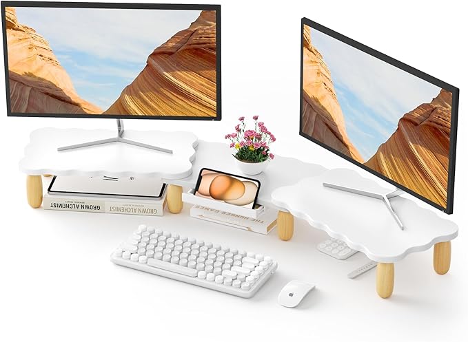 AFOOYO Dual Monitor Riser, Cookie-Shaped Adjustable Length & Swivel Angle, Wooden Desktop Organizer for 2 Monitors,Monitor Stand with Drawer for Laptop, PC, Computer, Printer,White