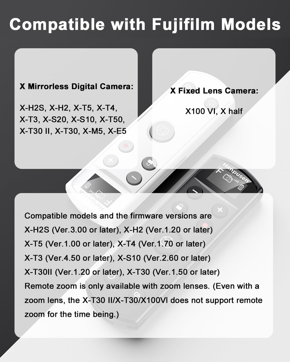 for Fujifilm Camera Remote Control, Hanpusen Rechargeable Wireless Shutter Release with OLED Screen for Fujifilm X100 VI/X-M5/X-T30 II/X-E5/X-T5/X half/X-H2S/X-T30/X-T4/X-T3/X-S20/X-S10/X-T50/X-H2