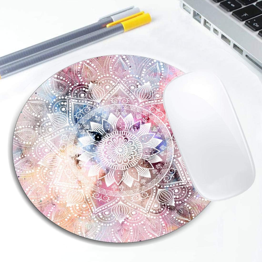 White Watercolor Mandala Mouse Pad Round Non-Slip Rubber Mousepad Laptop Office Computer Decor Cute Desk Accessories Customized Design Mouse Pad
