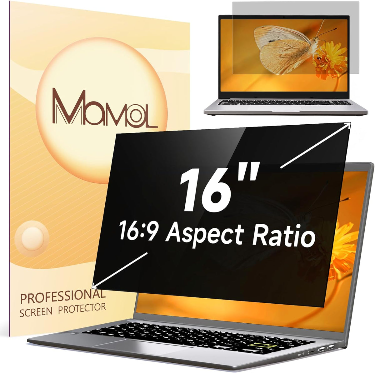 Mamol Laptop Privacy Screen 16 Inch, Compatible with Lenovo, HP, Dell, Acer, Asus, Thinkpad, Envy, Xps - 16:9 Aspect, Anti Blue Light Glare, Removable Privacy Shield, Anti-Scratch Screen Protector