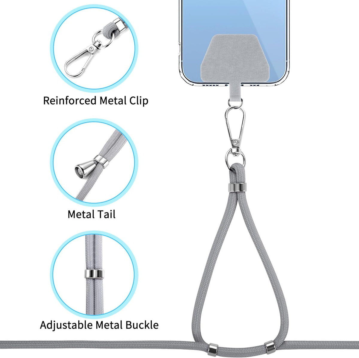 CACOE Phone Lanyard 2 Pcs-2 Pcs Adjustable Neck Strap,4 Pcs Patches,Universal Crossbody Multifuctional Cell Phone Lanyards Compatible with Most Smartphones(Black+Light Gray)