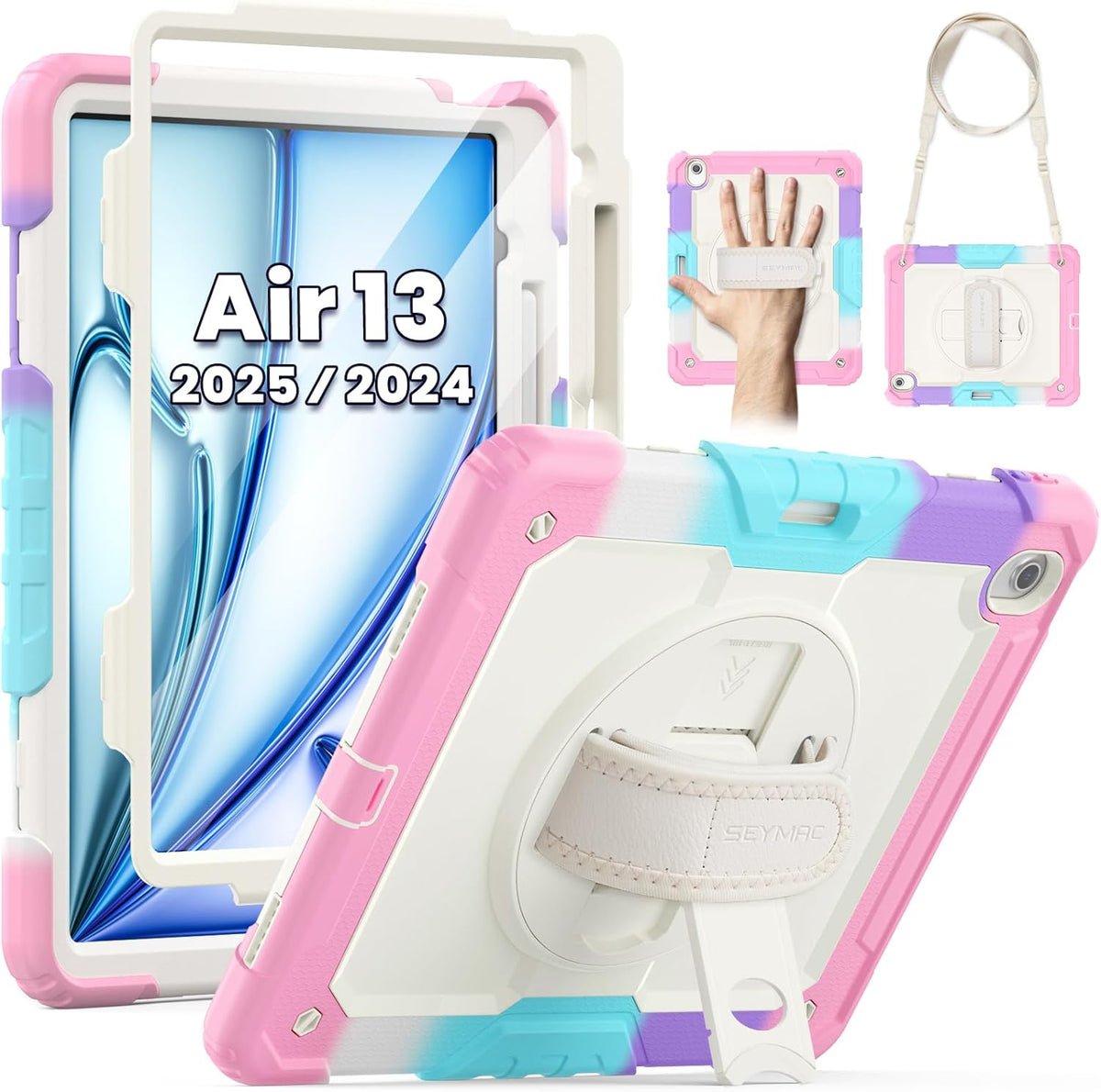 SEYMAC for iPad Air 13 Inch Case M3 2025/ M2 2024, Heavy Duty Shockproof Protective Case with Screen Protector, Rotating Stand, Hand/Shoulder Strap and Pen Holder for iPad Air 13, Colorful Pink