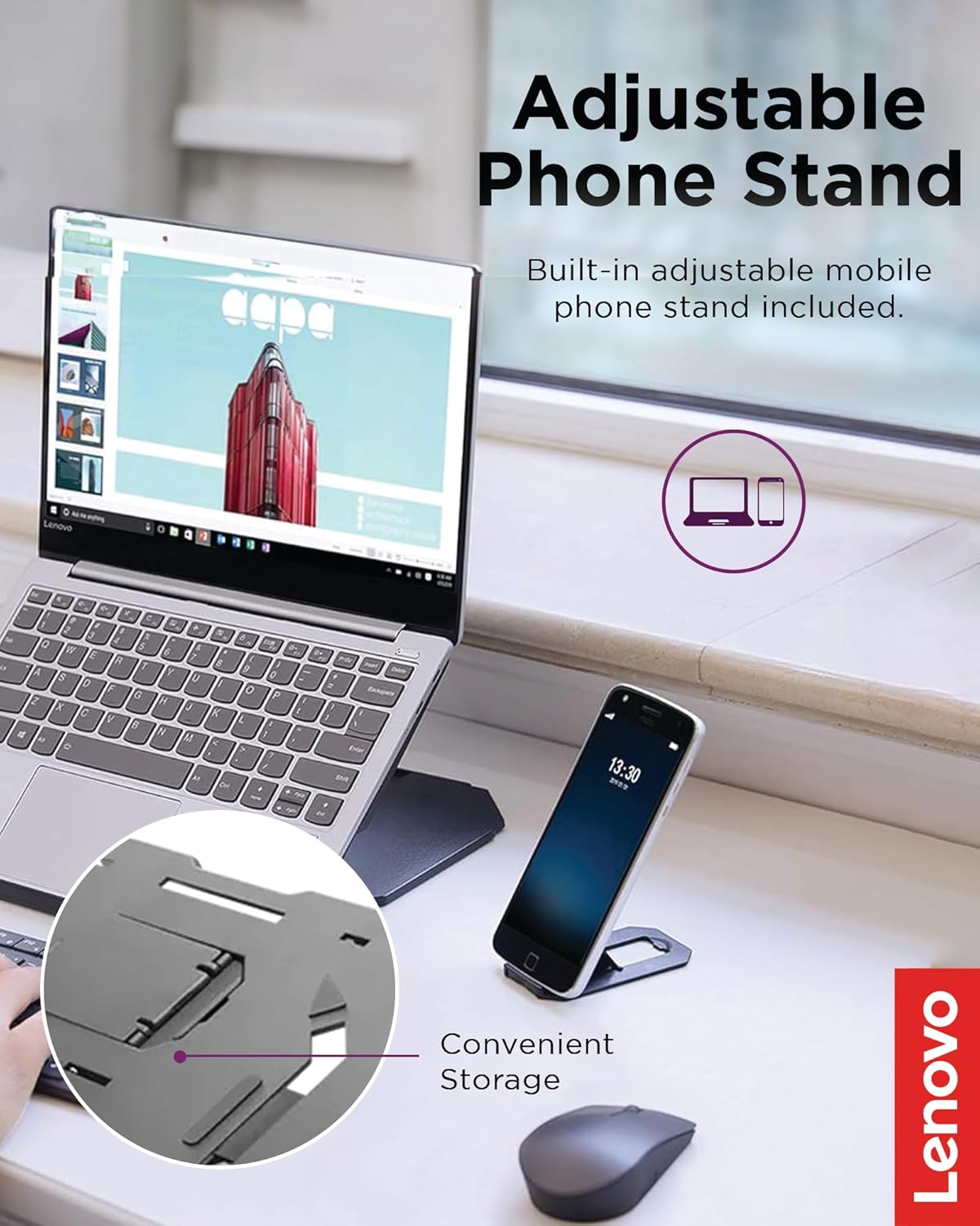 Lenovo 2-in-1 Laptop Stand - Adjustable, Portable, Foldable, Ergonomic, Non-Slip, Compatible with Laptops up to 15" and Cell Phones, Ideal for Travel