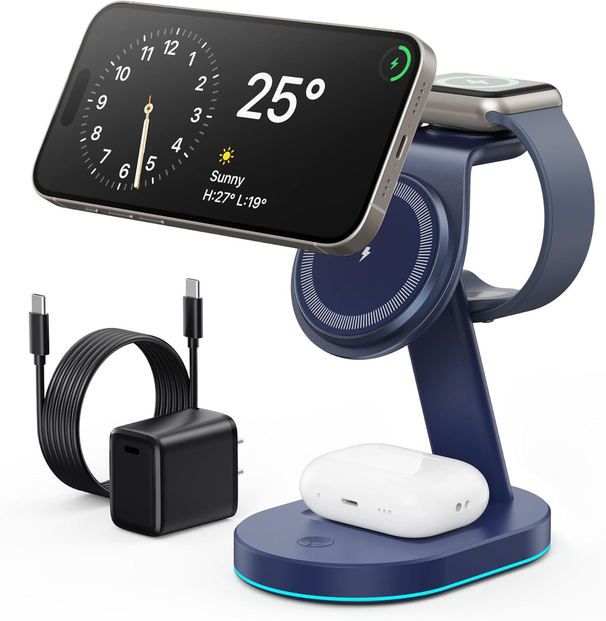 3 in 1 Wireless Charger Charging Station for iPhone,Qi2 Certified 15W Magnetic Charging Stand for Mag-Safe with 30W USB C Adapter&Friendly Night Light for iPhone 16/15/14/13/12,Apple Watch,AirPods